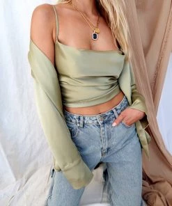 ACOA Palm Canyon Olive Satin Top