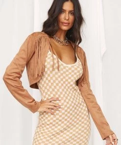 CLOUD TEN Shayna Brown Cropped Fringe Suede Jacket CLOTHING