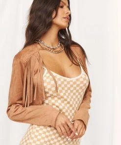 CLOUD TEN Shayna Brown Cropped Fringe Suede Jacket CLOTHING