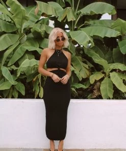 MIOU MUSE East Hampton Black Knit Cutout Maxi Dress New Arrivals