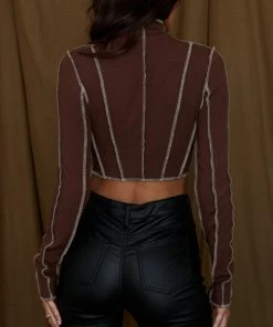 BEIGE BOTANY Avalon Brown Ribbed Long Sleeve Top CLOTHING