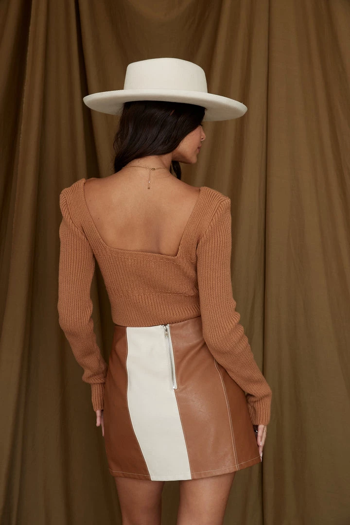 LE LIS CLOTHING Dulce Tan Colorblock Leather Skirt 7 LE LIS CLOTHING Dulce Tan Colorblock Leather Skirt