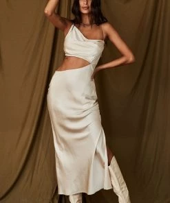 BEIGE BOTANY Biltmore Champagne Satin Midi Dress 10 BEIGE BOTANY Biltmore Champagne Satin Midi Dress