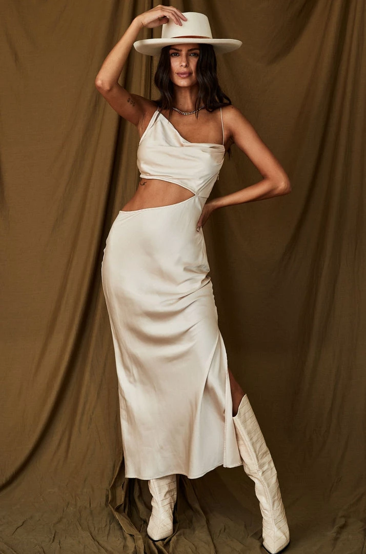 BEIGE BOTANY Biltmore Champagne Satin Midi Dress 6 BEIGE BOTANY Biltmore Champagne Satin Midi Dress