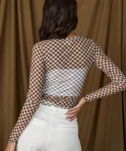 ACOA CLOTHING Checkmate Brown Checkered Mesh Top