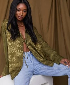 ACOA Willow Olive Jacquard Tie Top