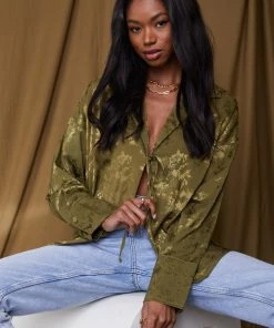 ACOA Willow Olive Jacquard Tie Top