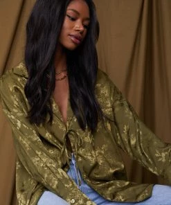 ACOA Willow Olive Jacquard Tie Top