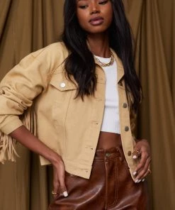 LE LIS Desert Palm Tan Fringe Denim Jacket CLOTHING