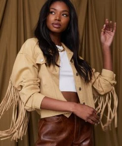 LE LIS Desert Palm Tan Fringe Denim Jacket CLOTHING