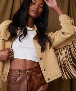 LE LIS Desert Palm Tan Fringe Denim Jacket CLOTHING
