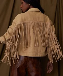 LE LIS Desert Palm Tan Fringe Denim Jacket CLOTHING