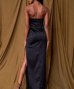 AFTER STITCH Savoy Black Satin Maxi Dress