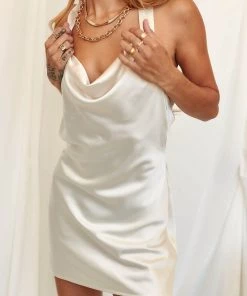 BEIGE BOTANY Eleanor Pearl Satin Halter Dress CLOTHING