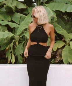 MIOU MUSE East Hampton Black Knit Cutout Maxi Dress New Arrivals