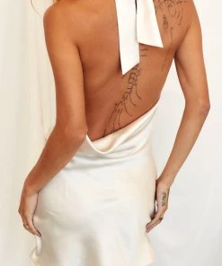 BEIGE BOTANY Eleanor Pearl Satin Halter Dress CLOTHING