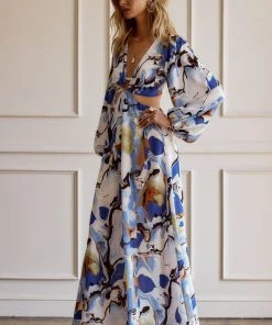 ACOA Adrienne Navy Abstract Maxi Dress CLOTHING
