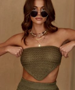 WINK Gabrielle Olive Crochet Top