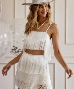 CLOUD TEN Gatsby White Fringe Skirt CLOTHING