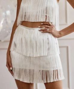 CLOUD TEN Gatsby White Fringe Skirt CLOTHING