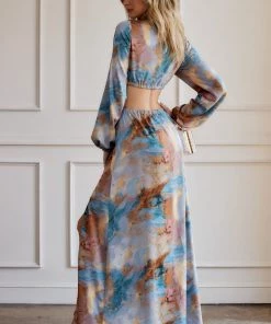 ACOA CLOTHING Gizelle Marble Satin Maxi Dress