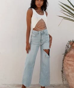 REHAB Bogota White Crochet Open Knit Tank