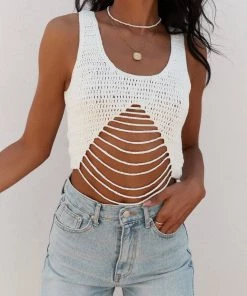 REHAB Bogota White Crochet Open Knit Tank