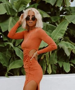 ACOA CLOTHING Aftergold Orange Cutout Midi Dress