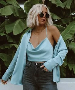 ACOA Palm Canyon Blue Satin Top