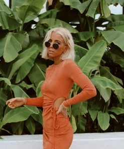 ACOA CLOTHING Aftergold Orange Cutout Midi Dress