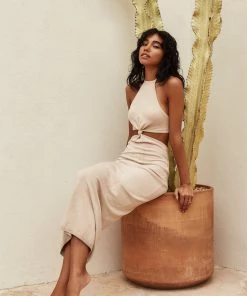 MIOU MUSE East Hampton Beige Knit Cutout Maxi Dress CLOTHING