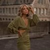ACOA Free Bird Olive Crochet Long Sleeve Mini Dress