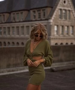 ACOA Free Bird Olive Crochet Long Sleeve Mini Dress