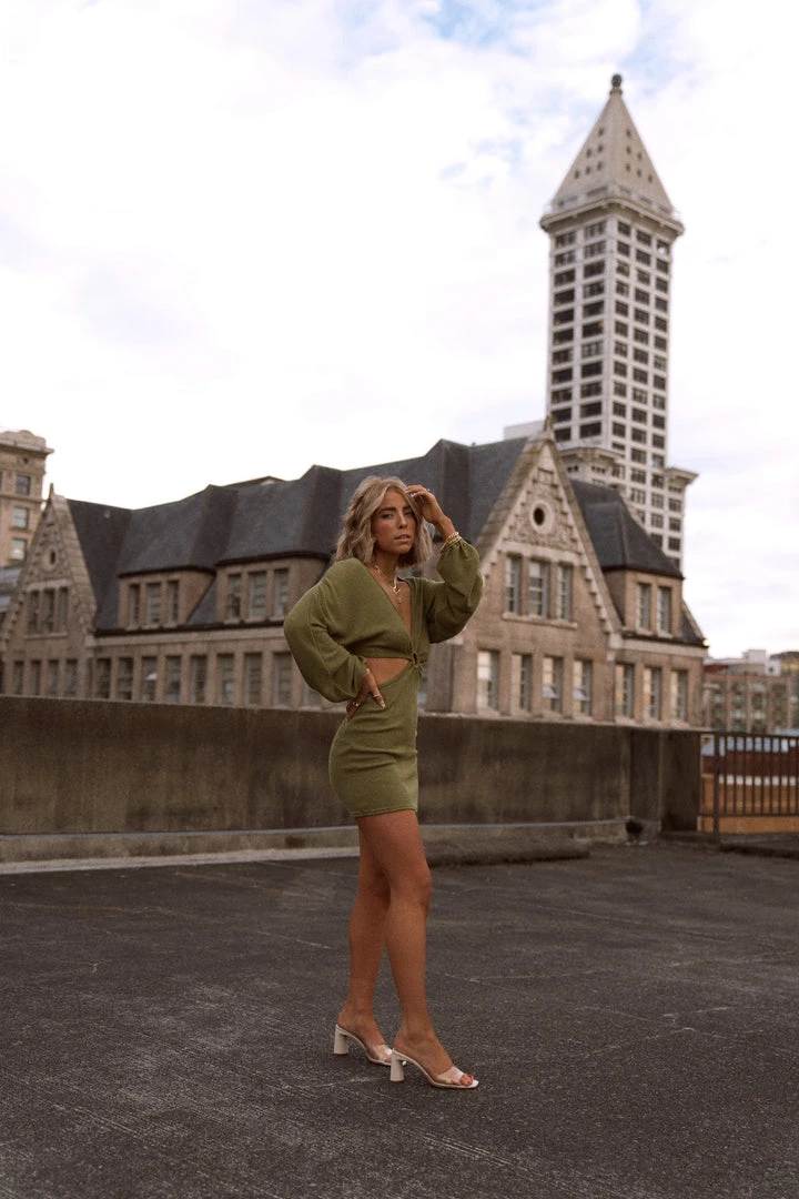 ACOA Free Bird Olive Crochet Long Sleeve Mini Dress 8 ACOA Free Bird Olive Crochet Long Sleeve Mini Dress