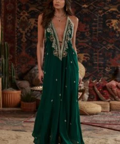 MANISH VAID Jasmine Emerald Embellished Maxi Dress CLOTHING