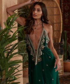 MANISH VAID Jasmine Emerald Embellished Maxi Dress CLOTHING