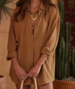 CLOUD TEN Little Secrets Mocha Linen Button Down 15 CLOUD TEN Little Secrets Mocha Linen Button Down