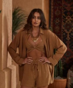 CLOUD TEN Little Secrets Mocha Linen Shorts CLOTHING