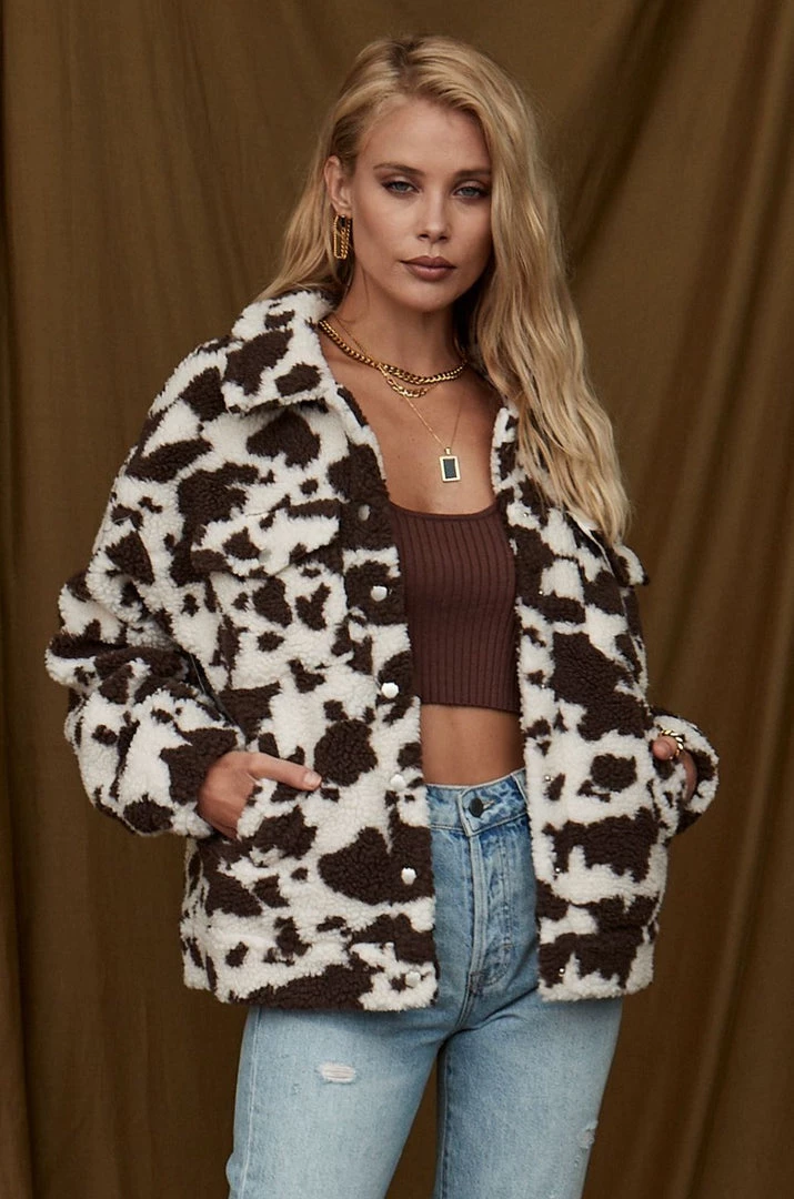 LE LIS Belle Cow Print Teddy Jacket CLOTHING 7 LE LIS Belle Cow Print Teddy Jacket CLOTHING