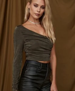 ET CLET Rayne Olive One Shoulder Top CLOTHING 10 ET CLET Rayne Olive One Shoulder Top CLOTHING