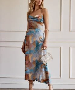 ACOA CLOTHING Palm Canyon Marble Satin Midi Dress