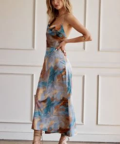ACOA CLOTHING Palm Canyon Marble Satin Midi Dress