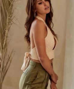 CLOUD TEN Selva Cream Crochet Halter Top CLOTHING