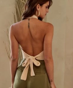 CLOUD TEN Selva Cream Crochet Halter Top CLOTHING