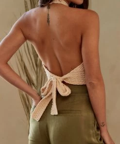 CLOUD TEN Selva Cream Crochet Halter Top CLOTHING