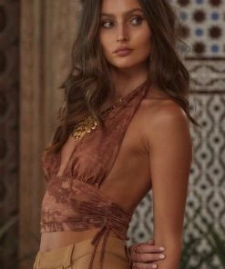 ET CLET Stevie Multi Brown Mesh Halter Top