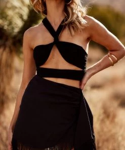 CLOUD TEN CLOTHING Rosalina Black Fringe Tie Skirt
