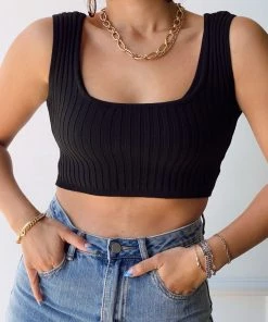 BEIGE BOTANY Quinn Black Ribbed Cropped Tank CLOTHING