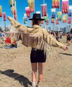 LE LIS Desert Palm Tan Fringe Denim Jacket CLOTHING