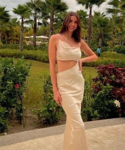 BEIGE BOTANY Biltmore Champagne Satin Midi Dress